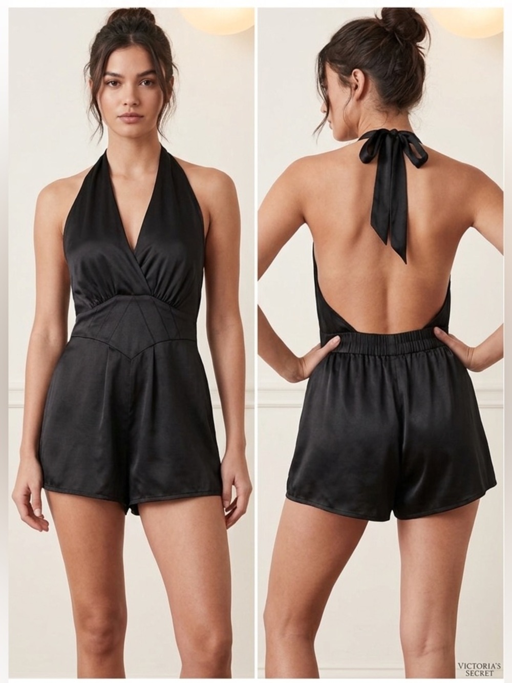 Vintage 80s Victoria's Secret Gold Label 100% Silk Halter Romper Teddy Black S